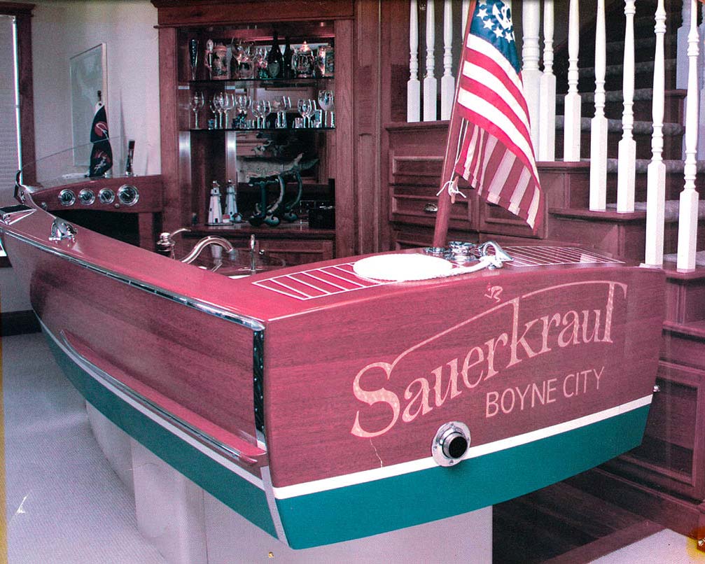 Client: Greg Krueger, Name: Sauerkraul Boat Bar, Project Info: Custom made interior bar from fully restored antique boat 